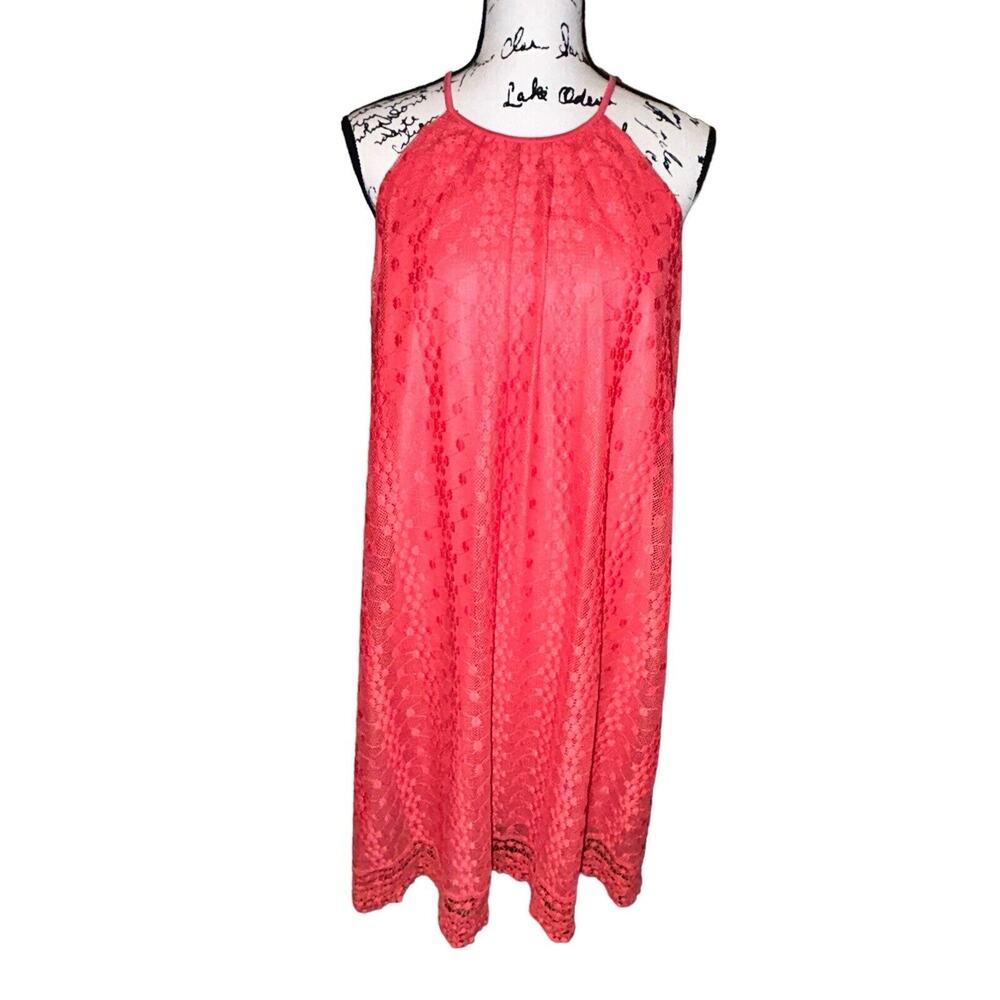 Maggy London Pink Lace Eyelet Keyhole Back Sleeveless Asymmetrical Dress Size 14